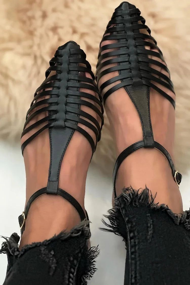 Simple Casual Black Pointed-Toe Cut-Out Sandals with T-Bar Strap