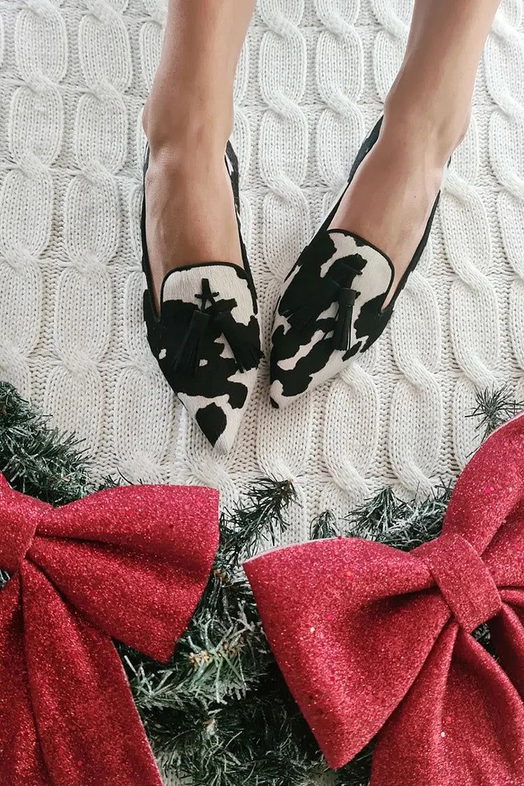 Colour-Block Faux Leather Pointed-Toe Flats with Cow Print and Tassels