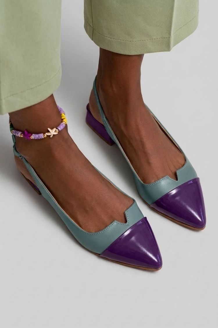 Colour-Block Pointed-Toe Cut-Out Slingback Flats with Buckle