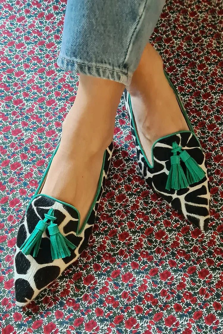 Colour-Block Faux Leather Pointed-Toe Flats with Cow Print and Tassels