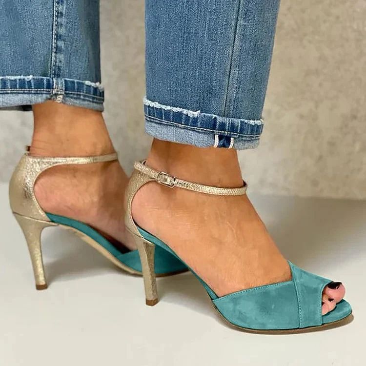 Glitter Open-Toe Stilettos with Ankle Strap and Buckle