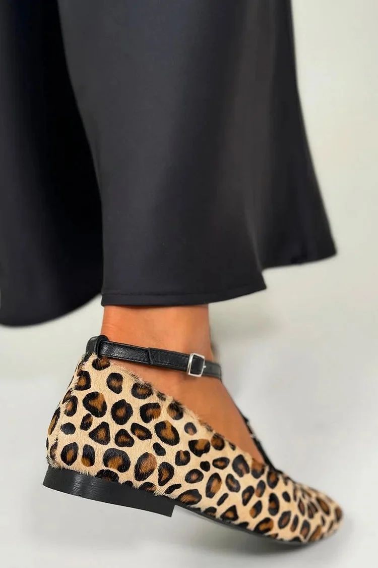 Beige Leopard-Print Colour-Block Flats with Buckle and T-Bar Strap [Pre-Order]