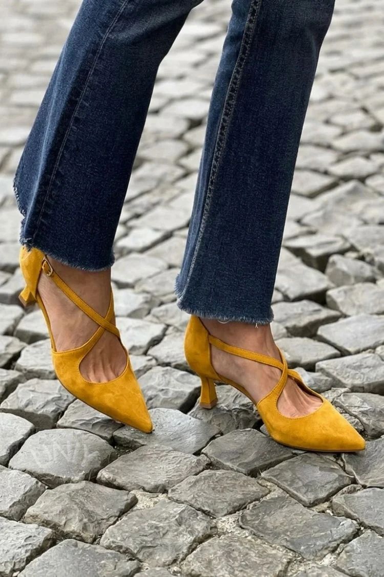 Khaki Solid-Colour Pointed-Toe Low Heels with Buckle and Crossover Straps