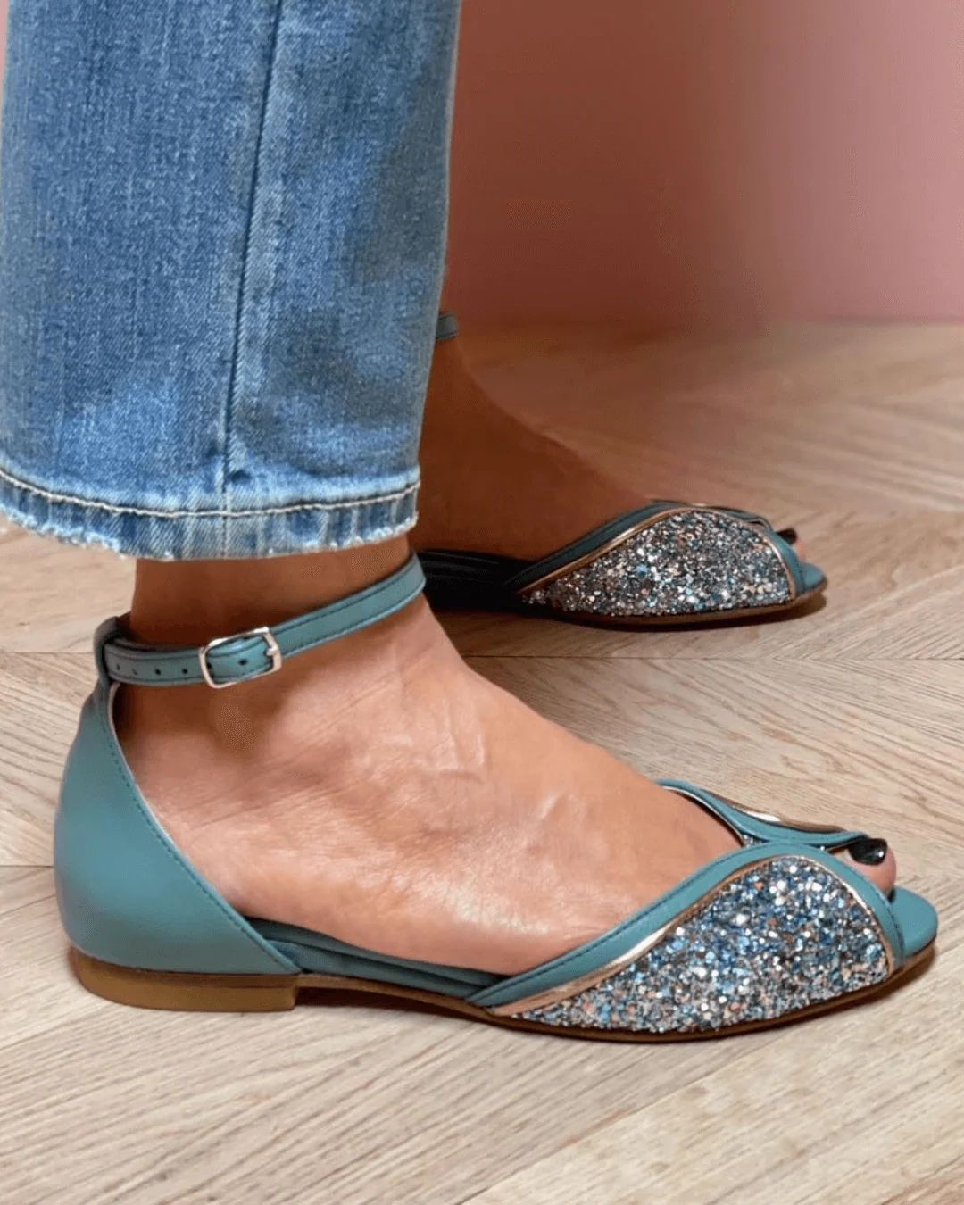 Glitter Patchwork Peep-Toe Sandals with Ankle Strap and Buckle