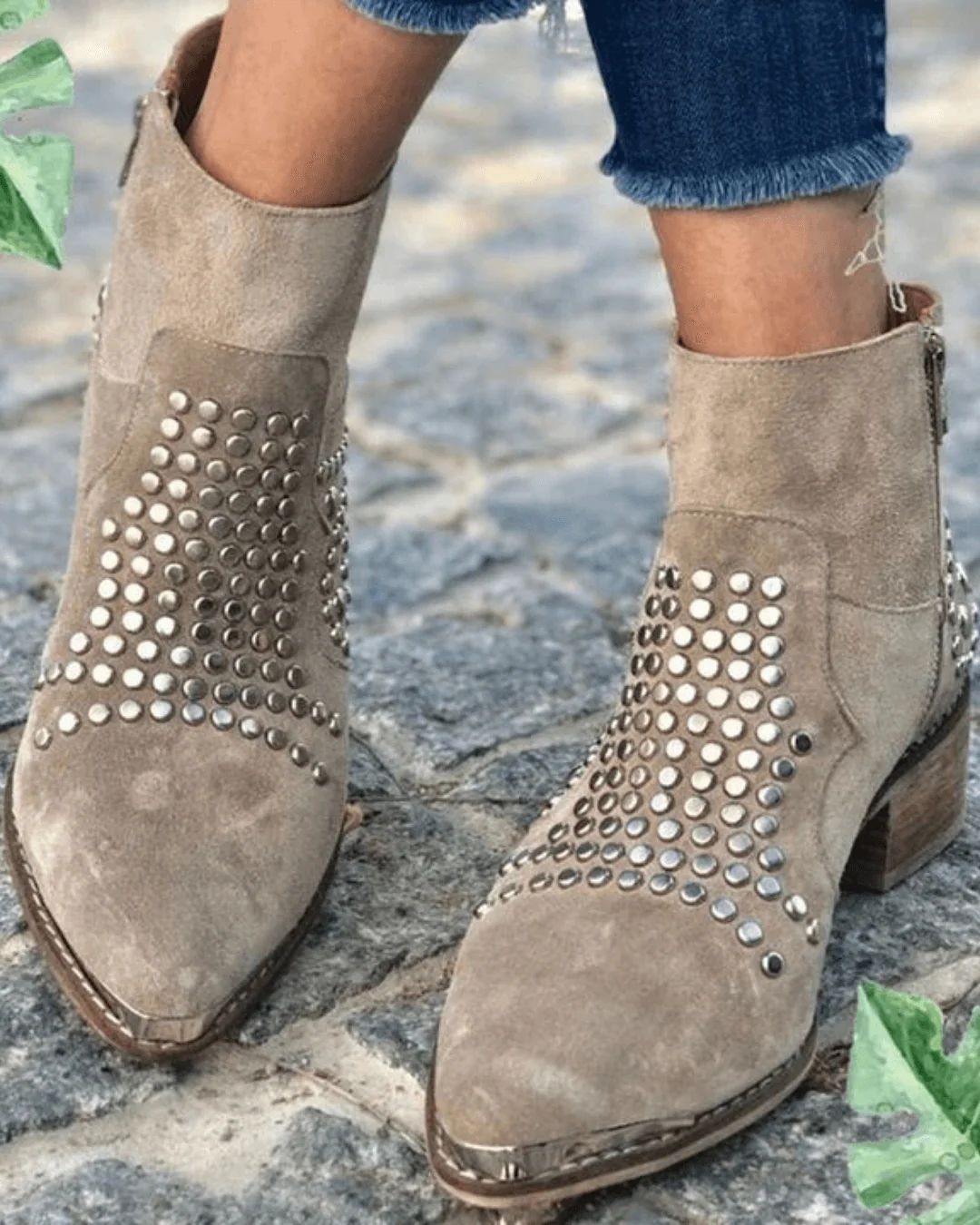 Suede Pointed-Toe Chunky-Heel Boots with Studs