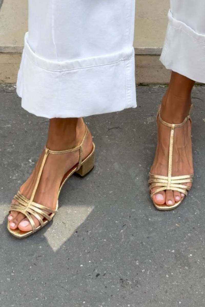 Metallic Block-Heel Sandals with Buckle and T-Bar Strap