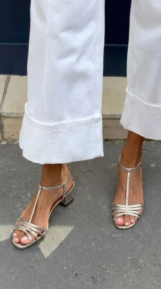 Metallic Block-Heel Sandals with Buckle and T-Bar Strap