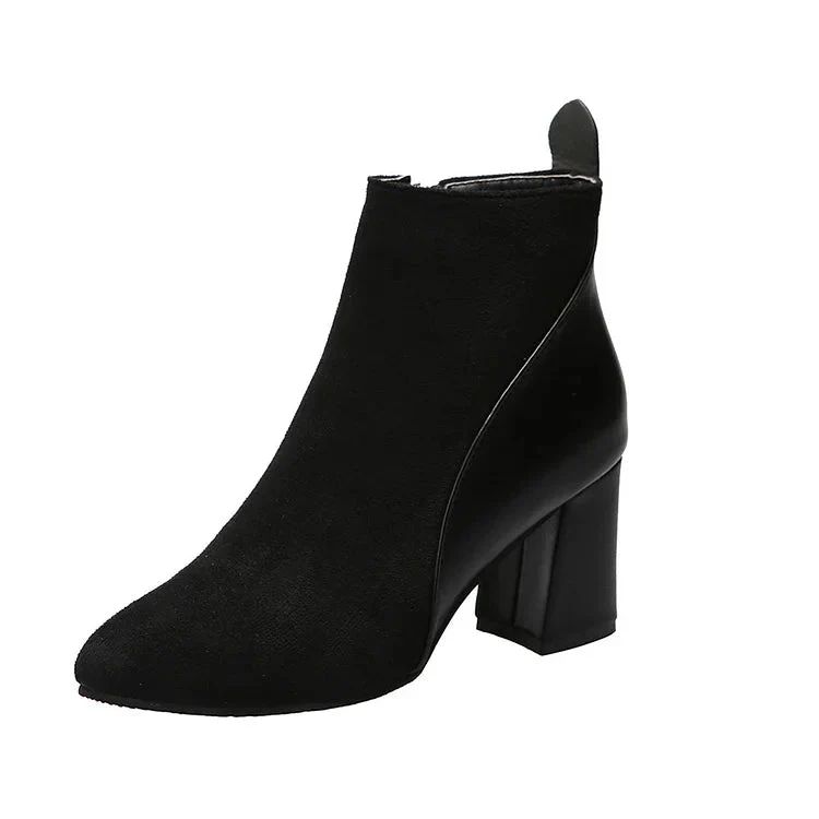 Pointed-Toe Patchwork Chunky-Heel Ankle Boots with Zip