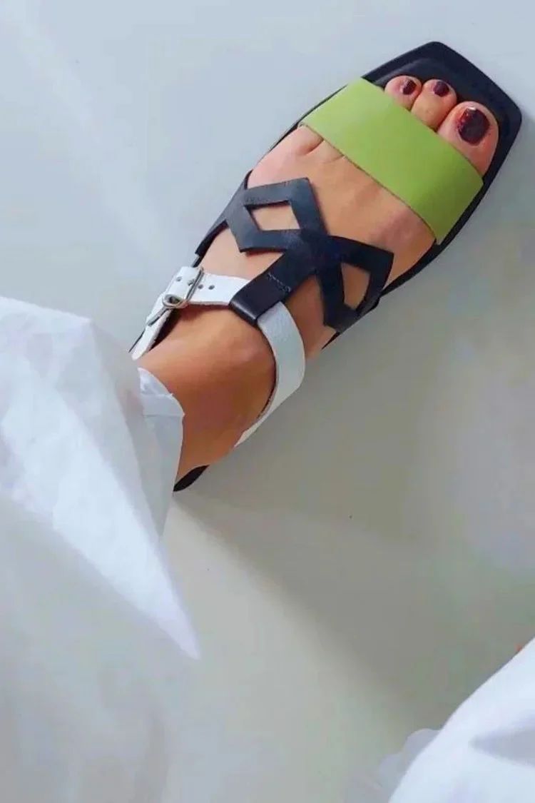 Black Colour-Block Square-Toe Cut-Out Sandals