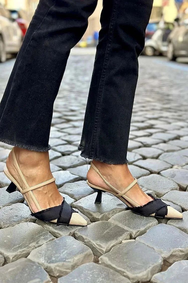 Beige Colour-Block Pointed-Toe Slingback Heeled Sandals with Raw Edges