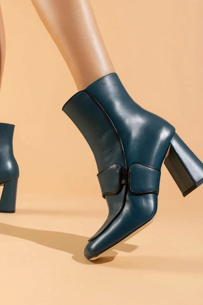 Turquoise Block-Heel Ankle Boots