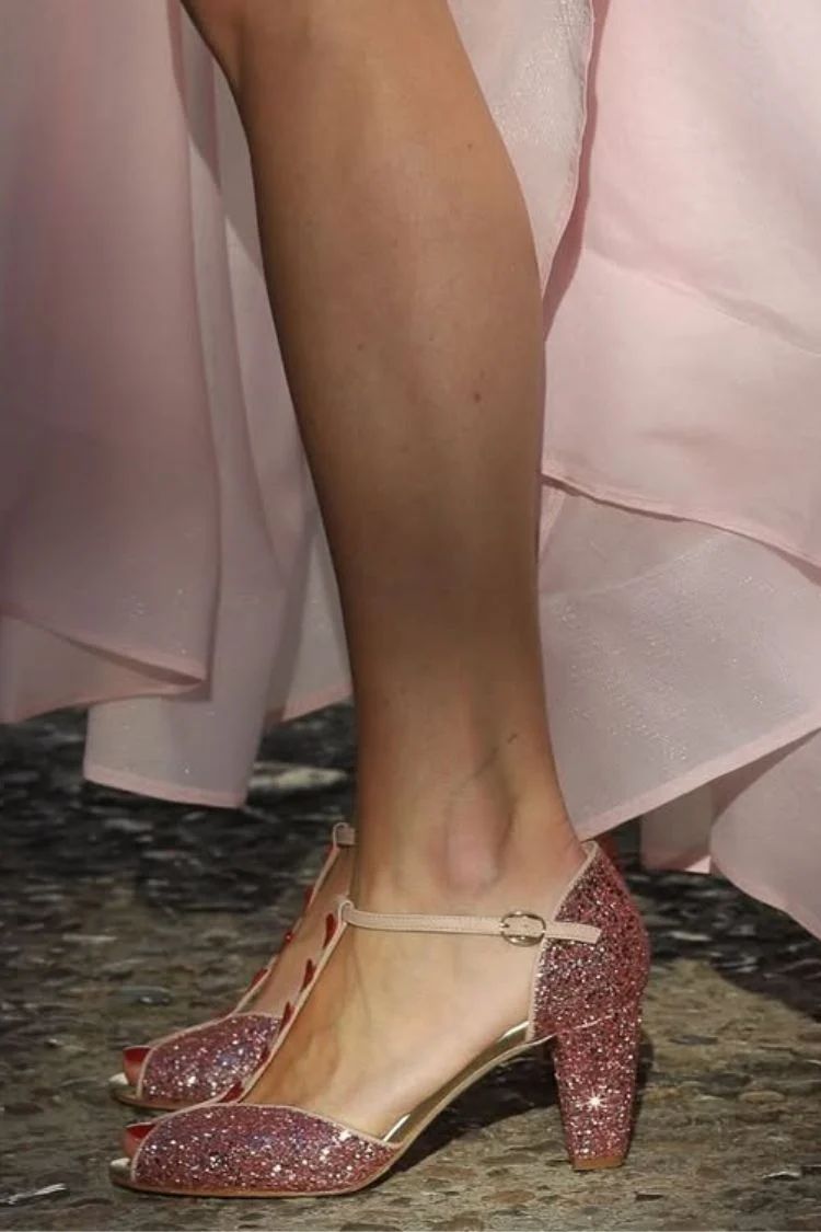 Pink and Red Glitter Sandals with T-Bar Strap, Heart and Block Heel