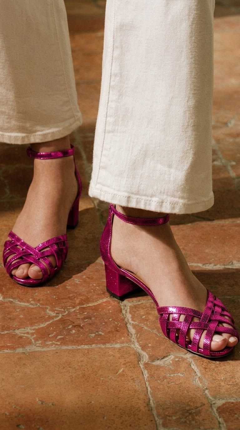 Gold Woven Peep-Toe Block Heels with Ankle Strap and Buckle