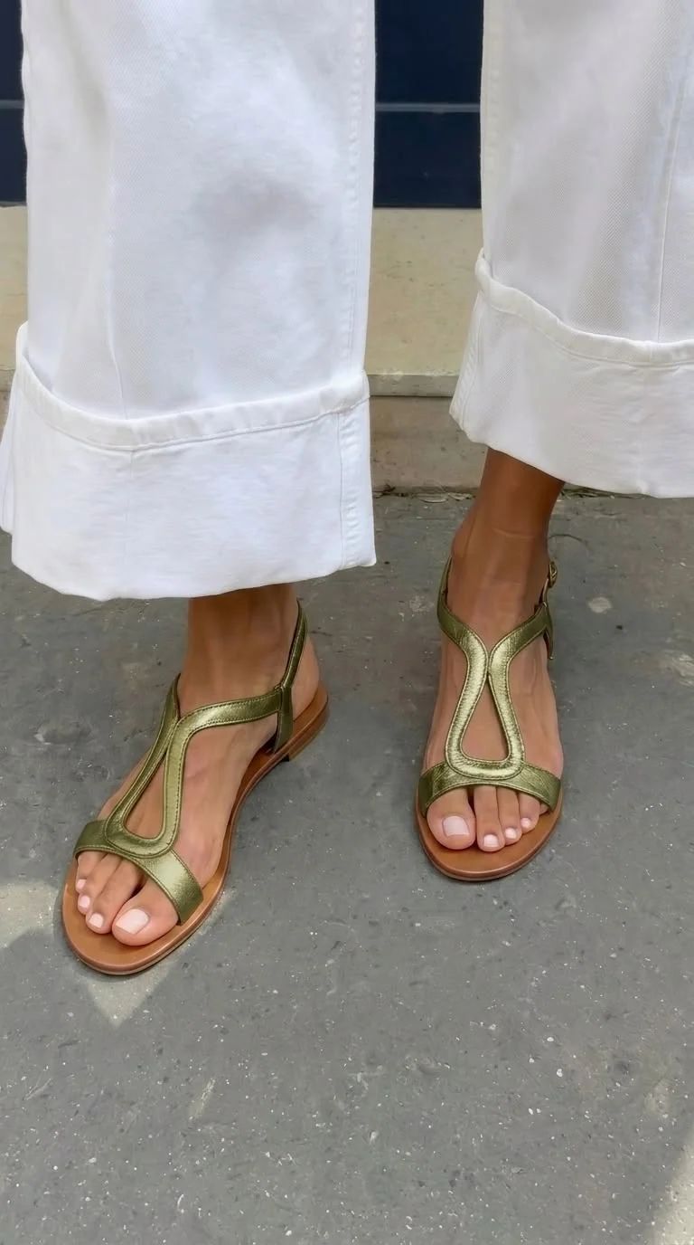 Casual Gold Metallic Flat Slingback Sandals with Cut-Outs