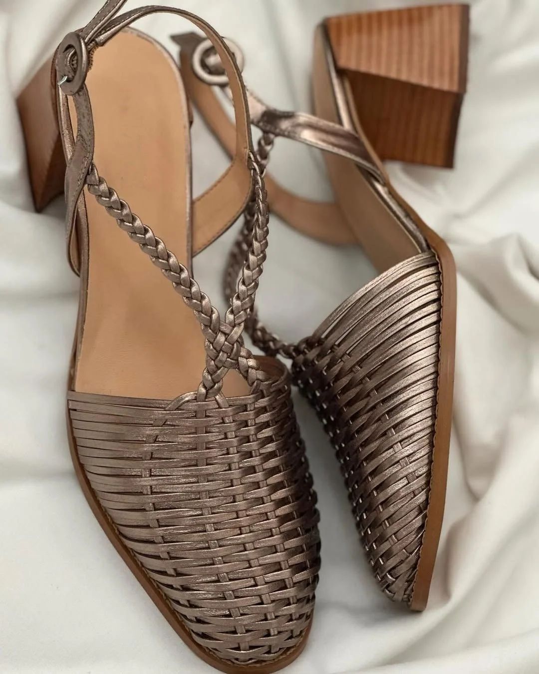 Metallic Champagne Woven Pointed-Toe Block Heels with Straps