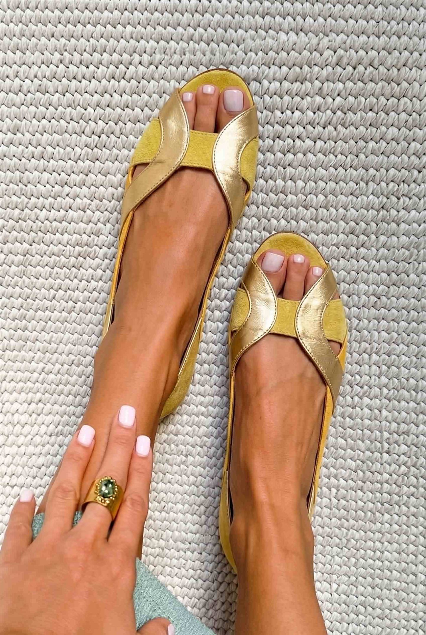 Yellow Metallic Suede Open-Toe Slip-On Flats