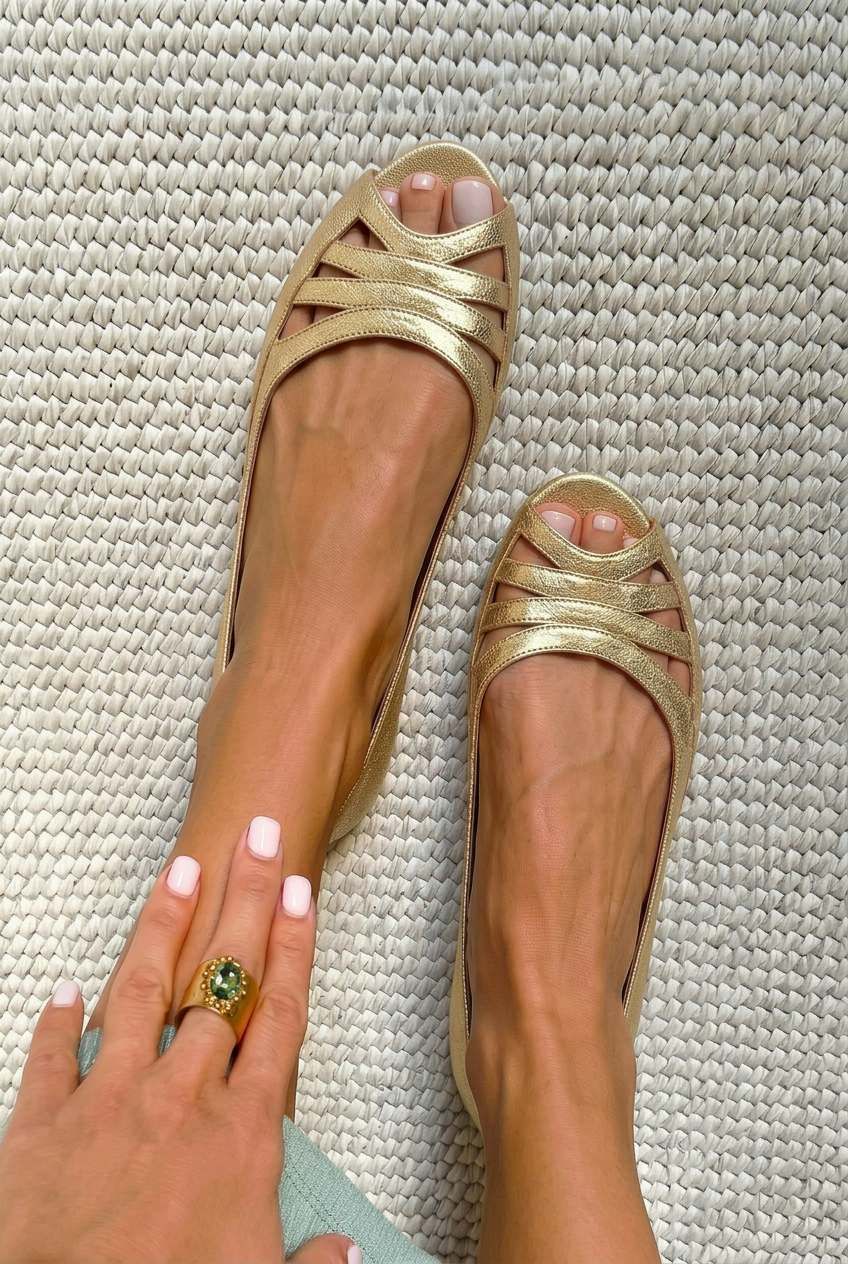 Gold Flat Sandals with Crossover Design and Open Toe