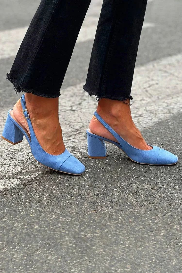 Blue Patchwork Chunky Heels with Back Strap and Square Toe