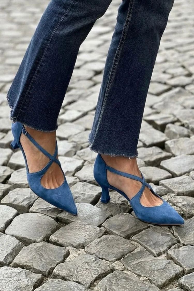 Khaki Solid-Colour Pointed-Toe Low Heels with Buckle and Crossover Straps