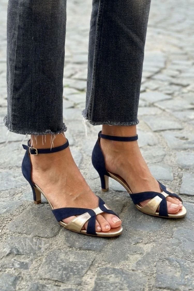 Chic Champagne Gold and Navy Kitten Heels with Crossover Straps