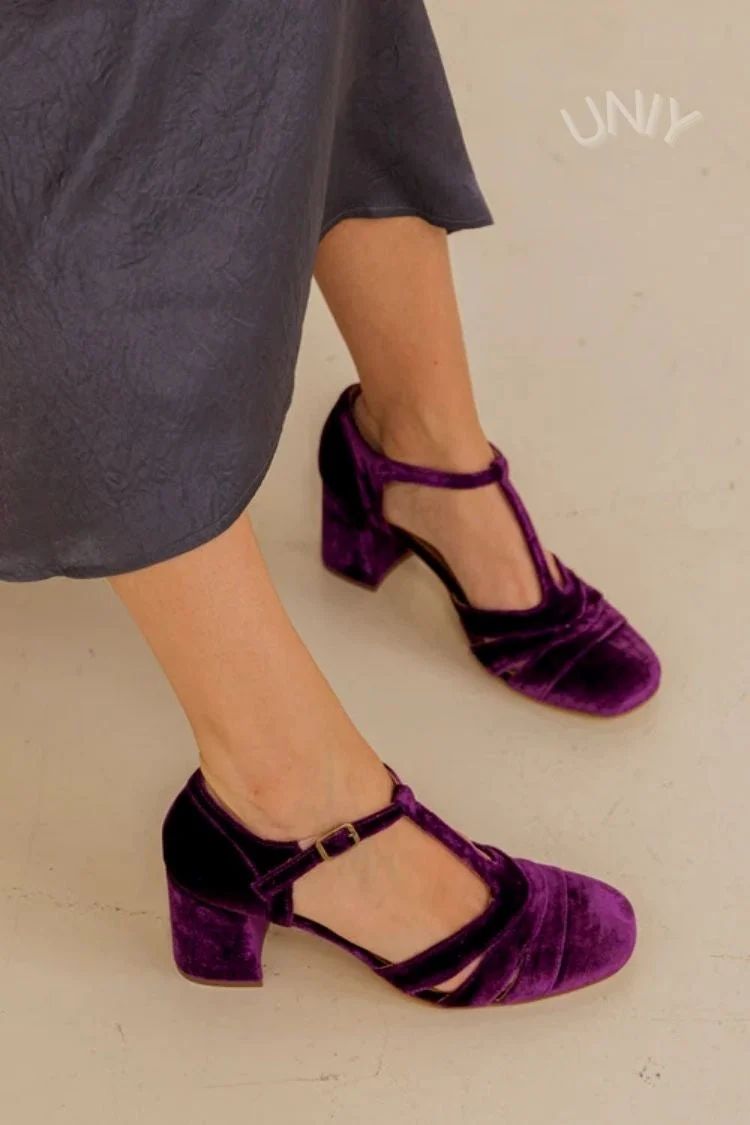 Velvet Cut-Out Block Heels with Buckle and T-Bar Strap