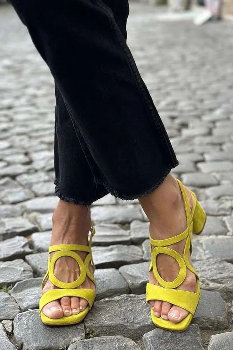 Yellow Cut-Out Square-Toe Slingback Heeled Sandals