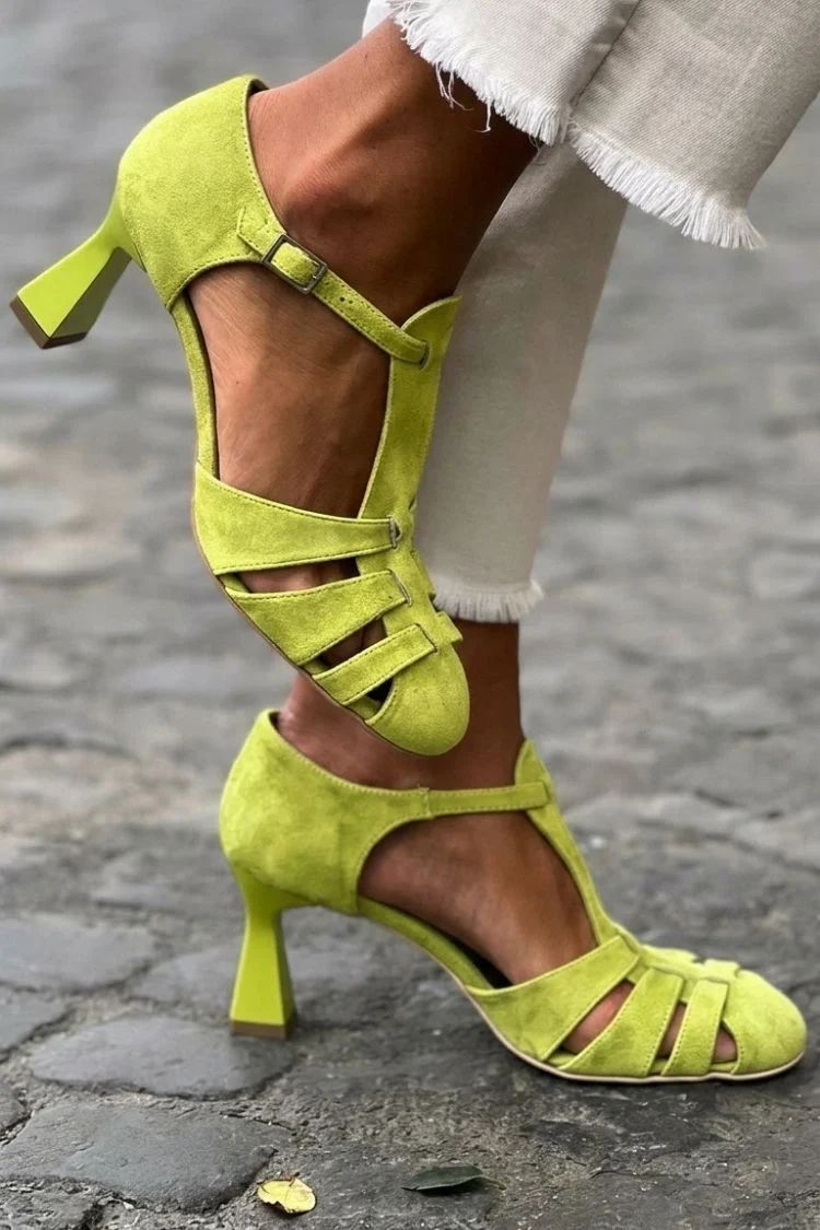 Green Crochet Cut-Out Closed-Toe Heeled Sandals