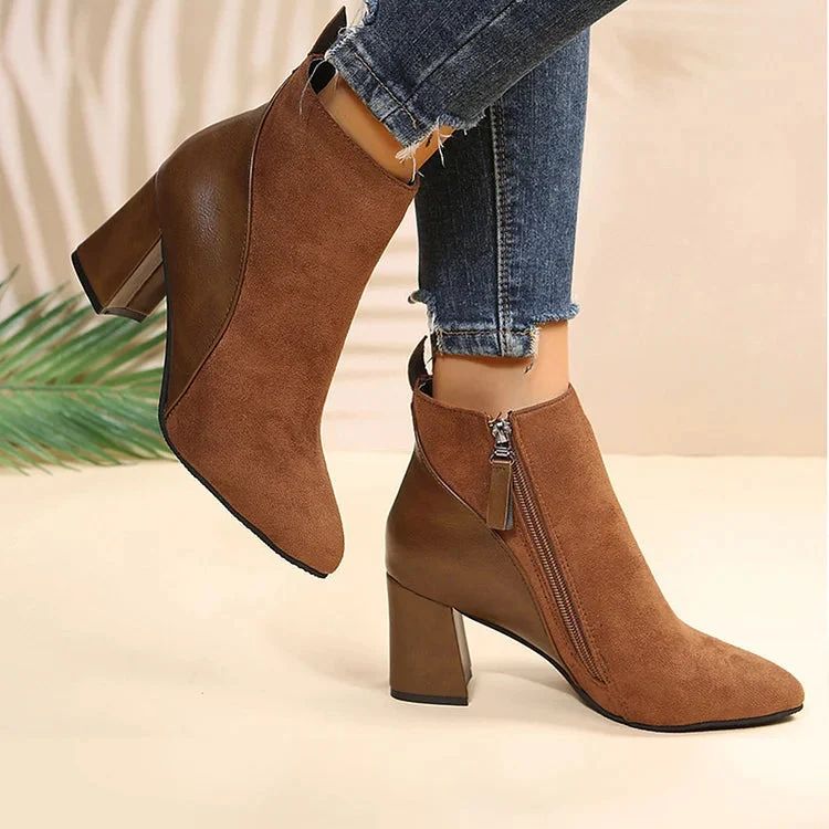 Pointed-Toe Patchwork Chunky-Heel Ankle Boots with Zip