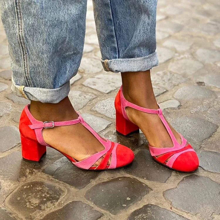 Fuchsia Colour-Block Cut-Out Block Heels with Buckle and T-Bar Strap