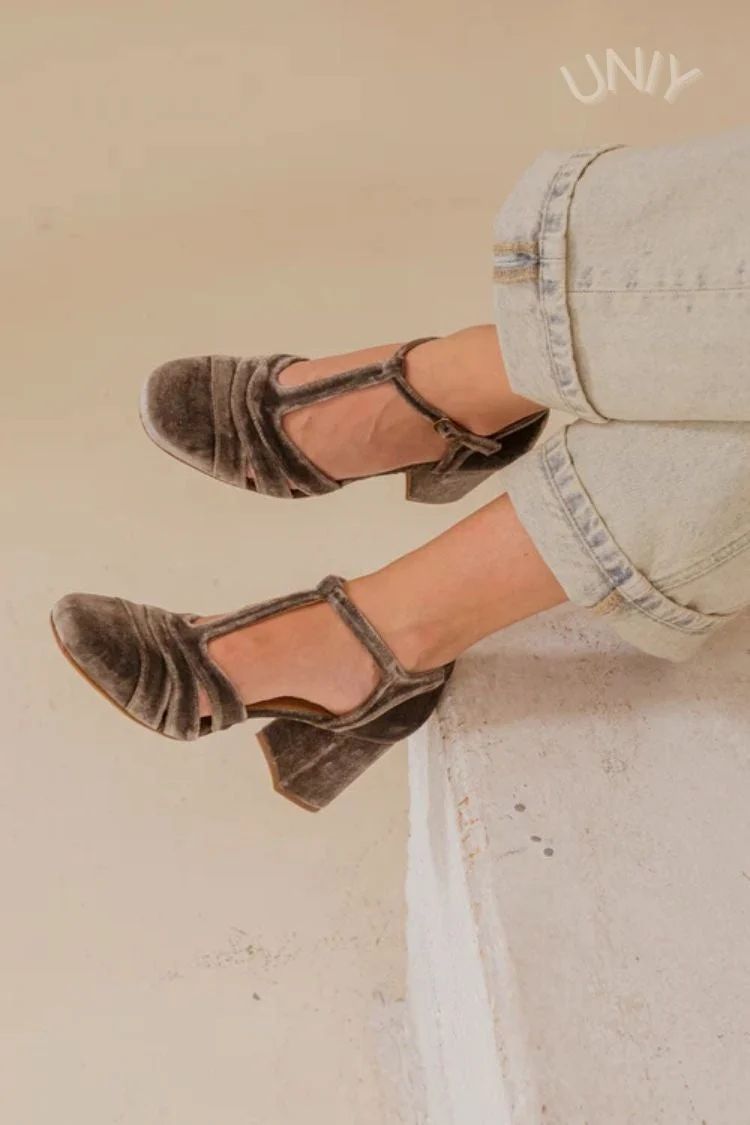 Velvet Cut-Out Block Heels with Buckle and T-Bar Strap
