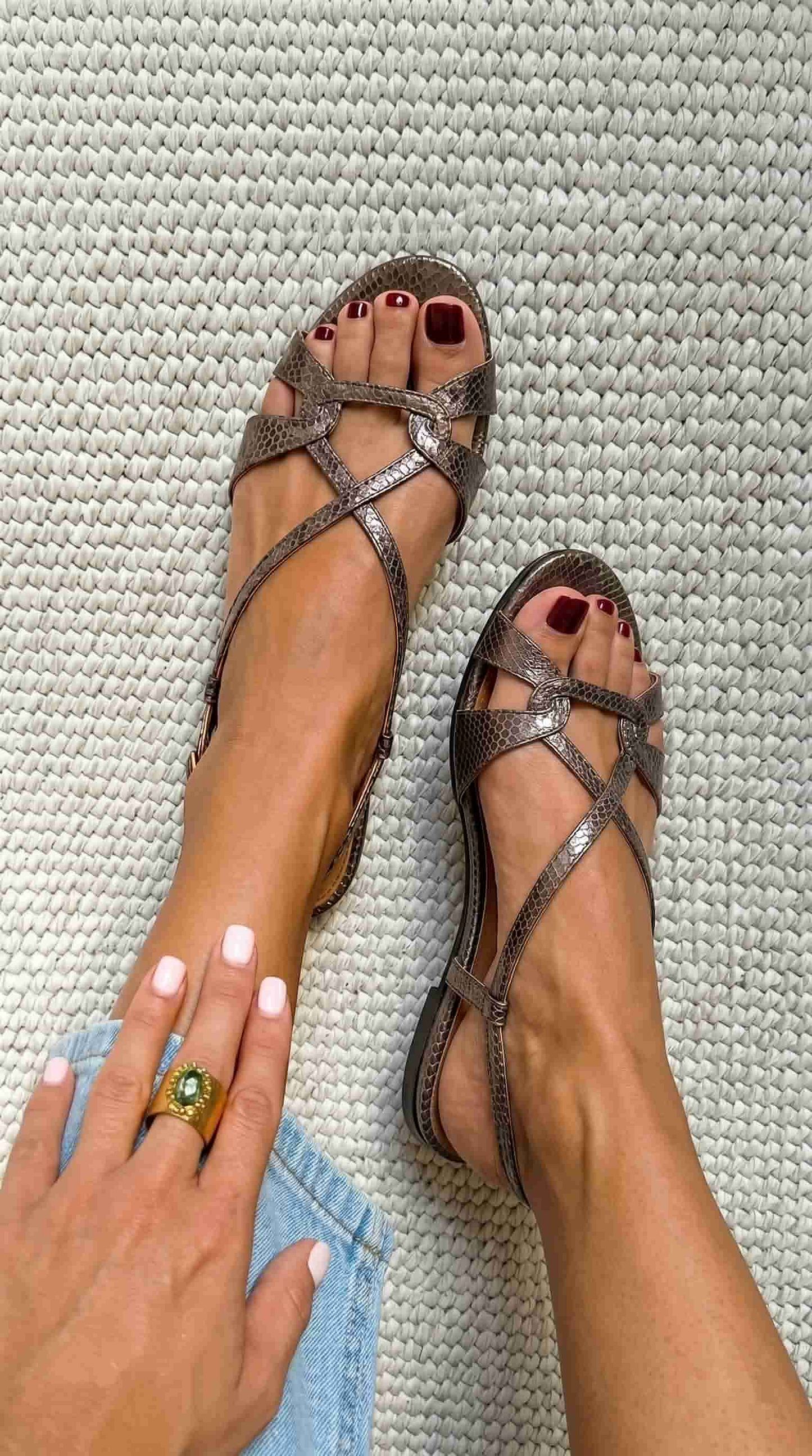Bronze Snakeskin-Effect Flat Open-Toe Slingback Sandals