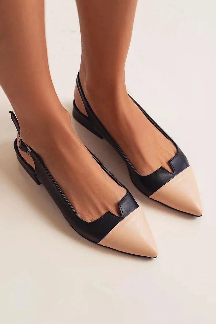 Colour-Block Pointed-Toe Slingback Flats with Buckle and Cut-Outs