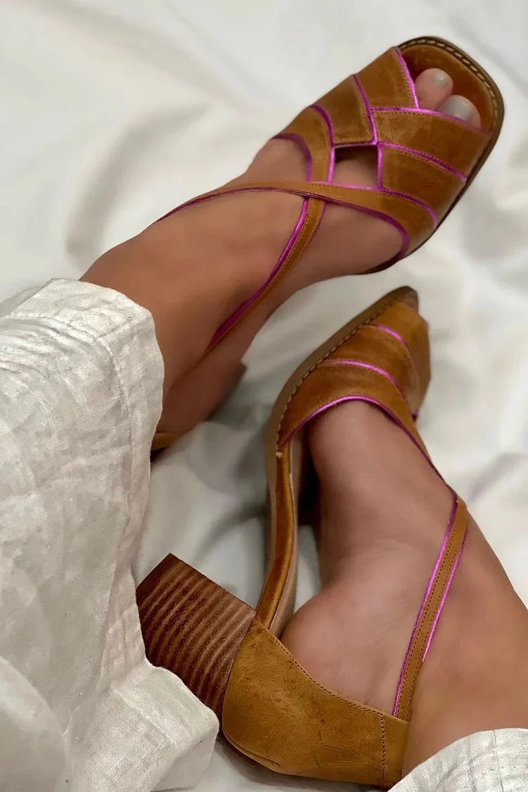 Brown Chunky Heels with Crossover Strap, Open Toe and Contrast Trim