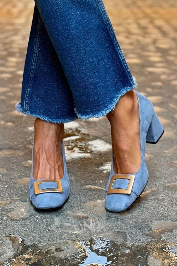 Navy Patchwork Square-Toe Block Heels