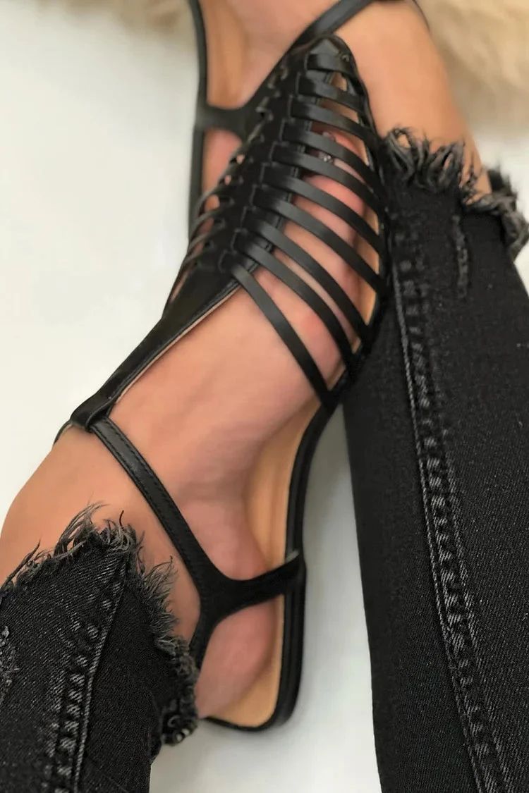 Simple Casual Black Pointed-Toe Cut-Out Sandals with T-Bar Strap