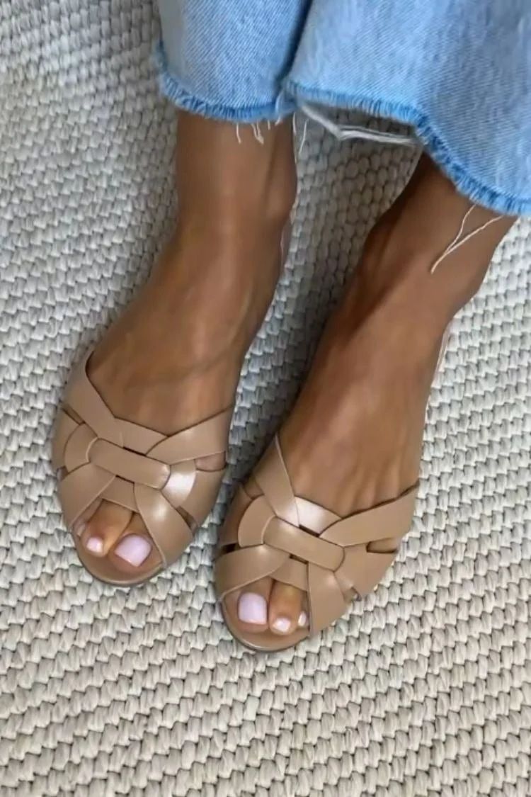 Faux Leather Woven Peep-Toe Flats with Crossover Straps and Closed Heel
