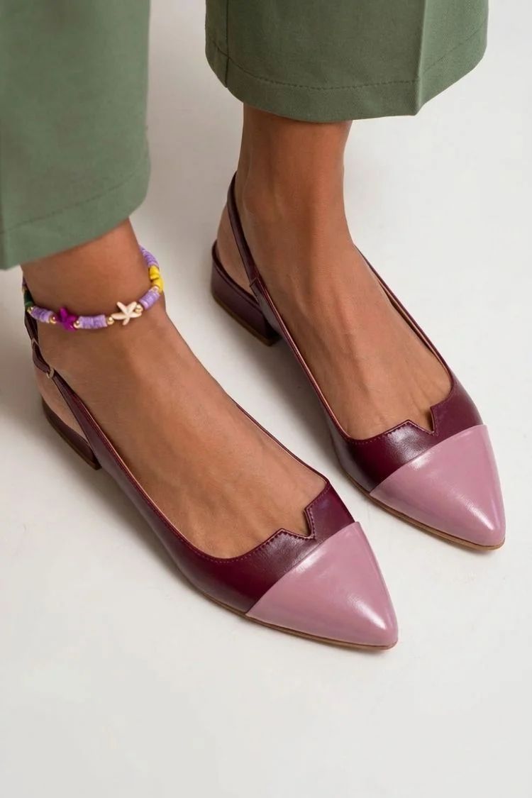 Colour-Block Pointed-Toe Cut-Out Slingback Flats with Buckle