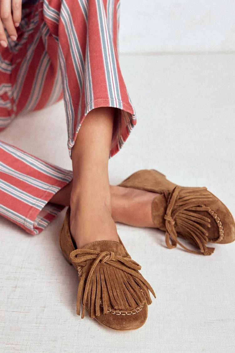 Camel Solid-Colour Round-Toe Loafers with Fringe