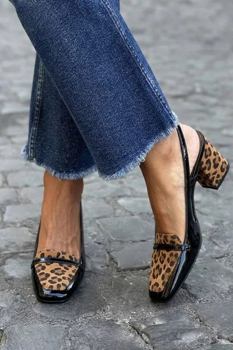 Purple Patchwork Square-Toe Slingback Block Heels