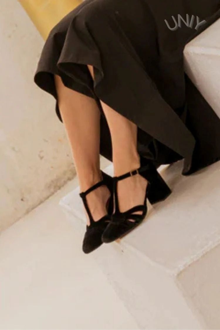 Velvet Cut-Out Block Heels with Buckle and T-Bar Strap