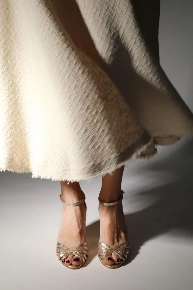 Shiny Metallic Gold Peep-Toe Block Heels with Ankle Strap and Buckle