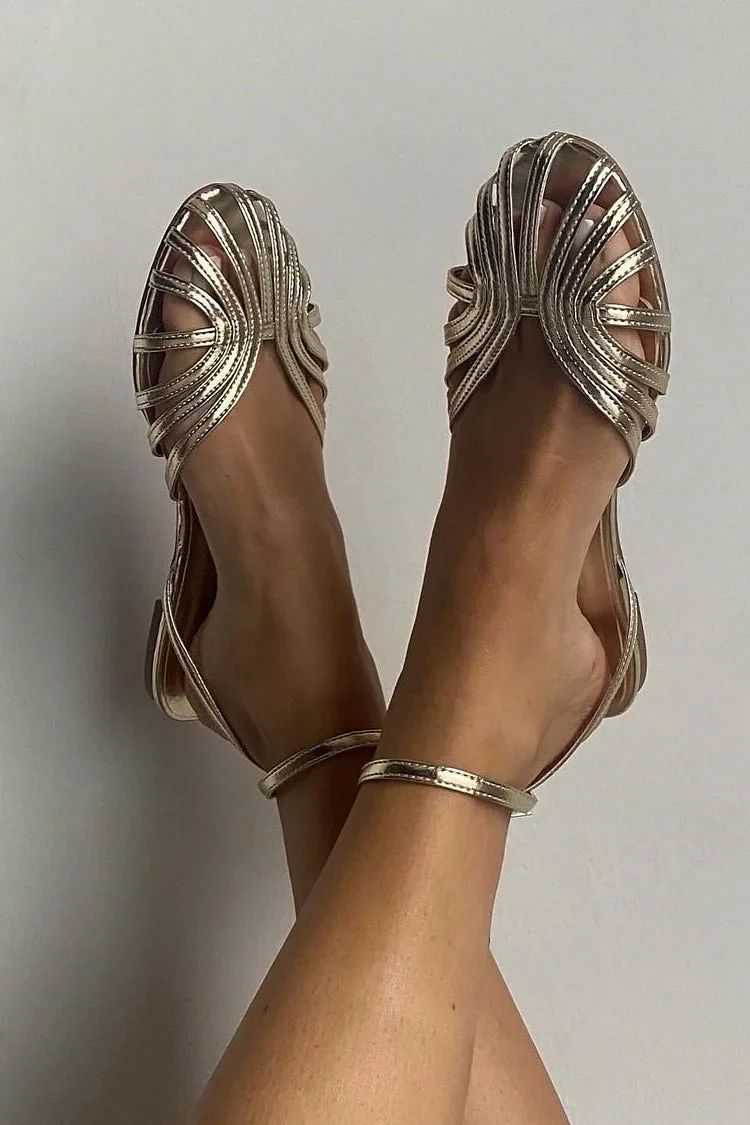 Solid-Colour Round-Toe Cut-Out Flats with Ankle Strap