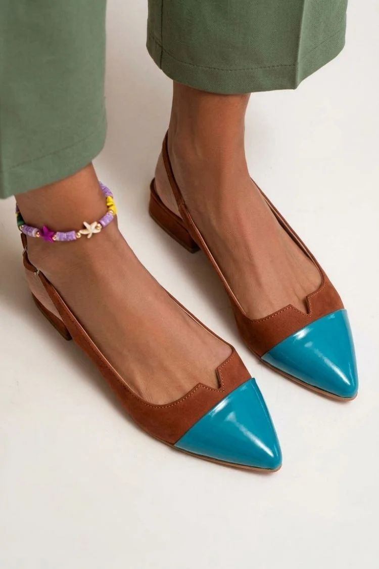 Colour-Block Pointed-Toe Slingback Flats with Buckle and Cut-Outs