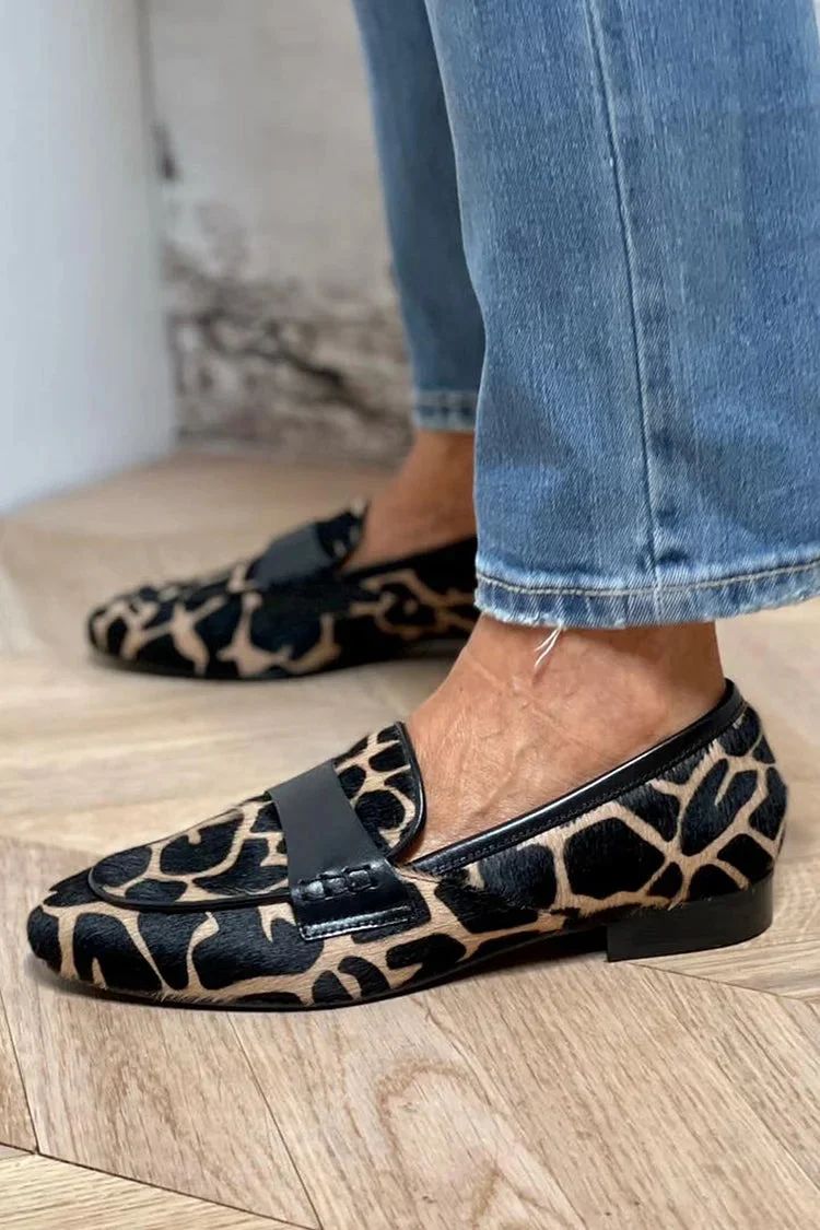Colour-Block Cow-Print Round-Toe Slip-On Loafers