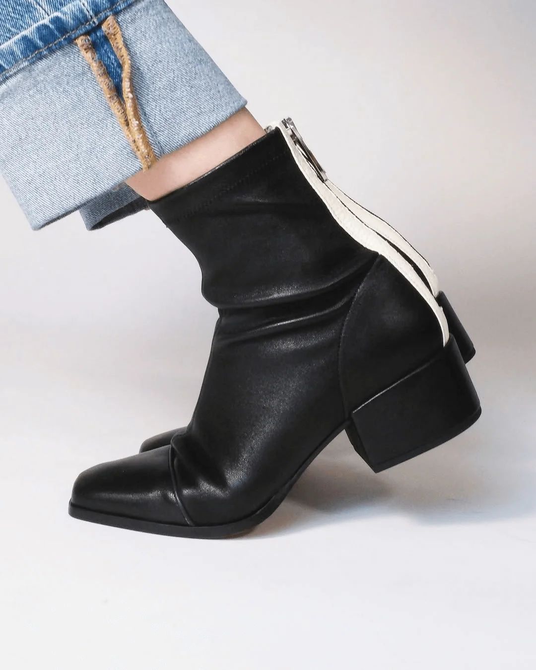 Black Colour-Block Square-Toe Ankle Boots with Zip and Low Block Heel
