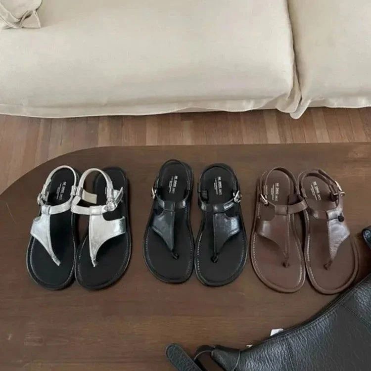 Casual Solid-Colour Thong Sandals with Ankle Strap and Buckle