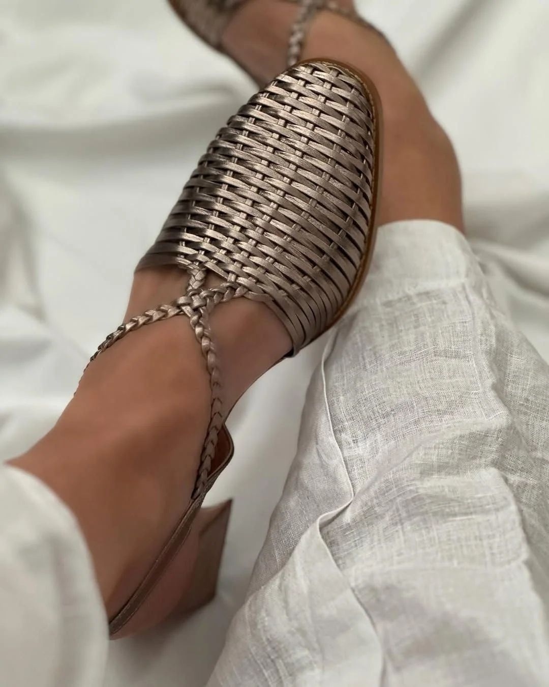 Metallic Champagne Woven Pointed-Toe Block Heels with Straps