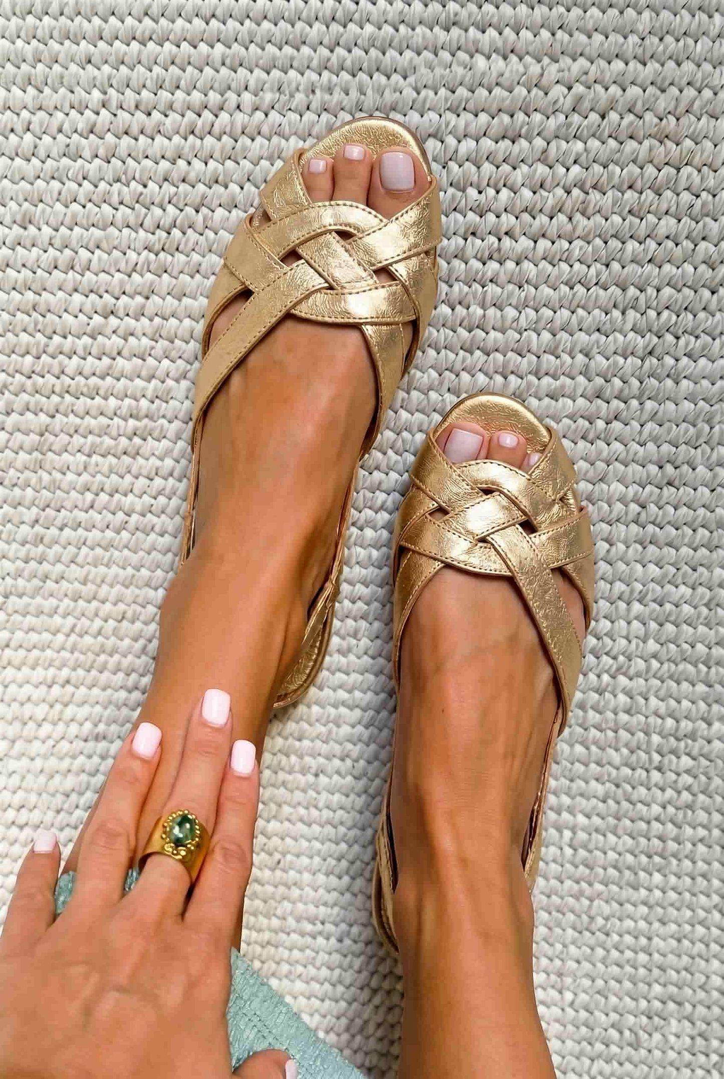 Gold Woven Flat Sandals with Open Back and Open Toe
