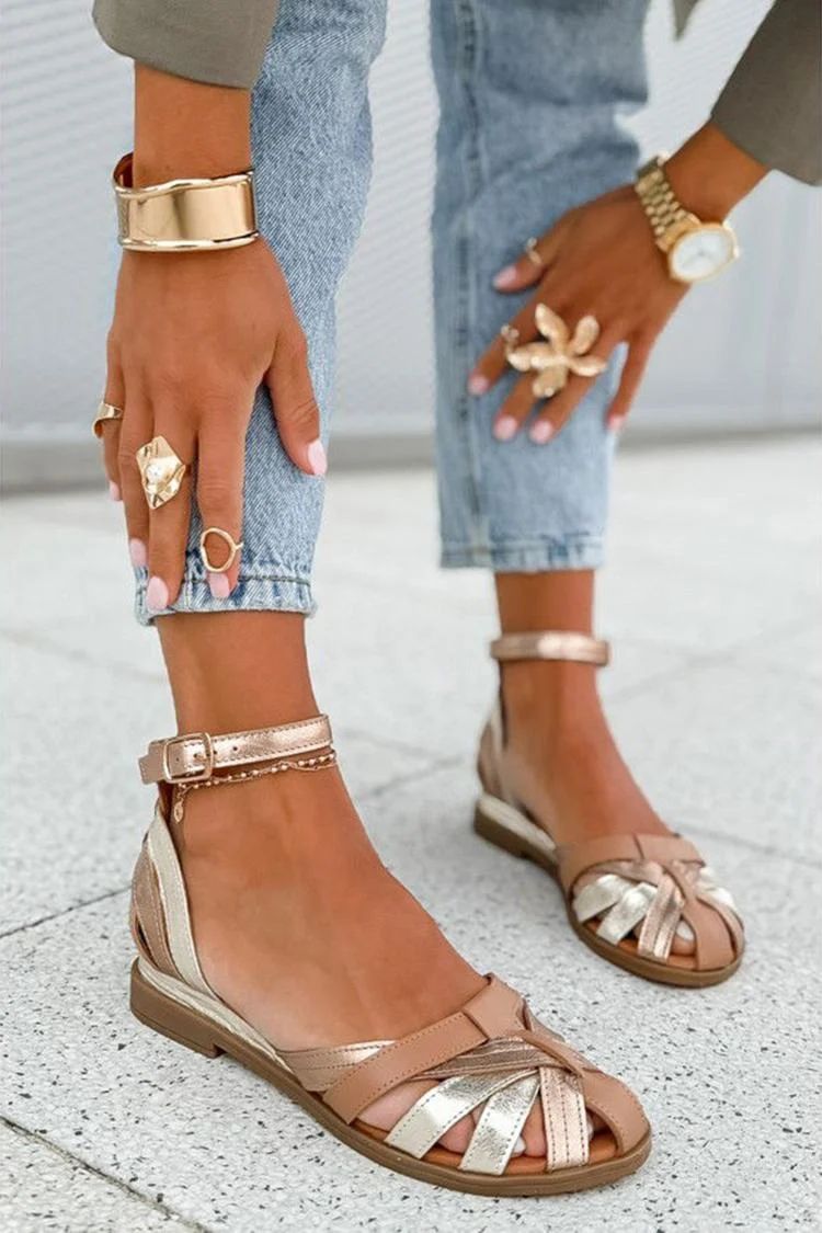 Champagne Colour-Block Cut-Out Sandals with Ankle Strap and Buckle