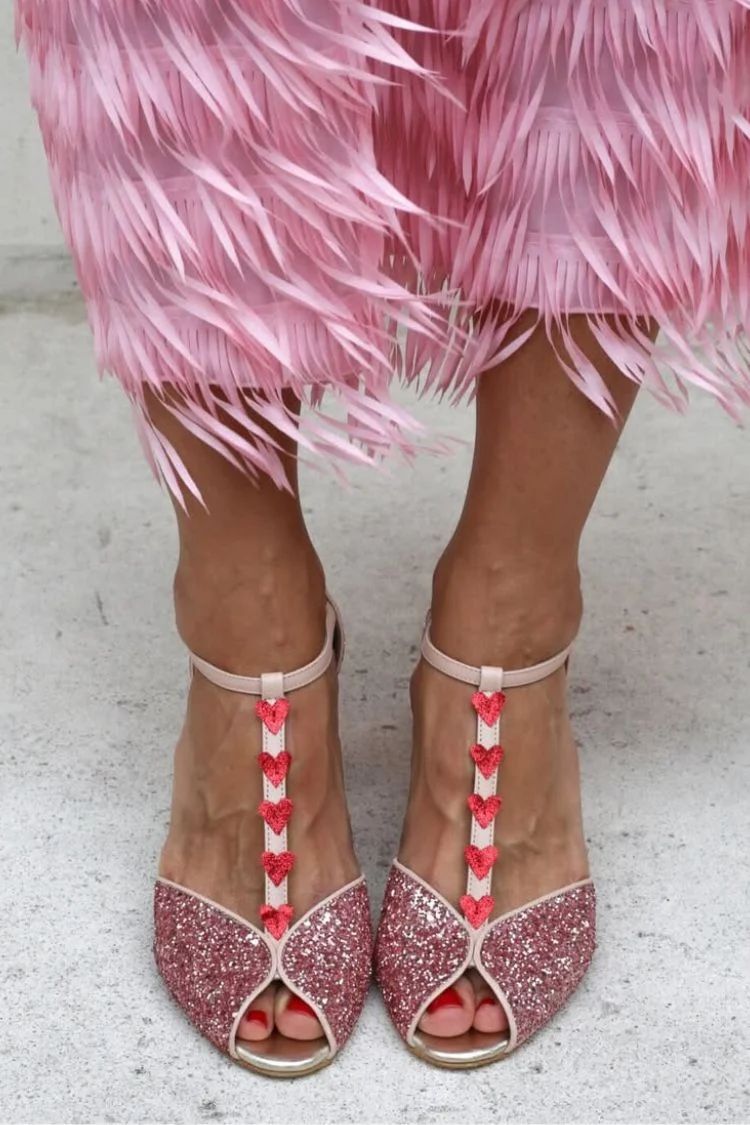 Pink and Red Glitter Sandals with T-Bar Strap, Heart and Block Heel